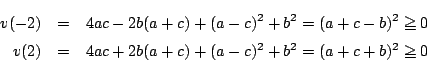 \begin{eqnarray*}
v(-2)&=&4ac-2b(a+c)+(a-c)^2+b^2=(a+c-b)^2\ge 0\\
v(2)&=&4ac+2b(a+c)+(a-c)^2+b^2=(a+c+b)^2\ge 0
\end{eqnarray*}