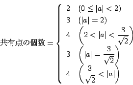\begin{displaymath}
L_̌=
\left\{
\begin{array}{ll}
2&(0\le \vert a\ve...
...ft(\dfrac{3}{\sqrt{2}}<\vert a\vert\right)
\end{array}\right.
\end{displaymath}