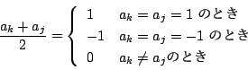 \begin{displaymath}
\dfrac{a_k+a_j}{2}=
\left\{
\begin{array}{ll}
1&a_k=a_j=1\...
...&a_k=a_j=-1\ ̂Ƃ\\
0&a_k\ne a_ĵƂ
\end{array}\right.
\end{displaymath}