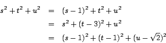 \begin{eqnarray*}
s^2+t^2+u^2&=&(s-1)^2+t^2+u^2\\
&=&s^2+(t-3)^2+u^2\\
&=&(s-1)^2+(t-1)^2+(u-\sqrt{2})^2
\end{eqnarray*}