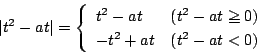 \begin{displaymath}
\vert t^2-at\vert=\left\{
\begin{array}{ll}
t^2-at&(t^2-at\ge 0)\\
-t^2+at&(t^2-at<0)
\end{array}\right.
\end{displaymath}