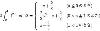 \begin{displaymath}
2\int_0^1\vert t^2-at\vert\,dt=
\left\{
\begin{array}{ll}
...
...\displaystyle a-\dfrac{2}{3} &(1<a ̂Ƃ)
\end{array}\right.
\end{displaymath}