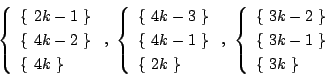 \begin{displaymath}
\left\{
\begin{array}{l}
\{\ 2k-1\ \}\\
\{\ 4k-2\ \}\\ ...
...3k-2\ \}\\
\{\ 3k-1\ \}\\
\{\ 3k\ \}
\end{array} \right.
\end{displaymath}