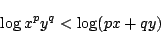 \begin{displaymath}
\log x^py^q<\log(px+qy)
\end{displaymath}