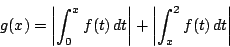 \begin{displaymath}
g(x)=\left\vert\int_0^xf(t)\,dt \right\vert+\left\vert\int_x^2f(t)\,dt \right\vert
\end{displaymath}