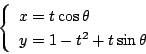 \begin{displaymath}
\left\{
\begin{array}{l}
x=t\cos \theta\\
y=1-t^2+t\sin \theta
\end{array}\right.
\end{displaymath}