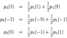 \begin{eqnarray*}
p_2(2)&=&\dfrac{1}{2}p_1(1)+\dfrac{1}{2}p_1(3)\\
p_2(-2)&=&...
...}{2}p_1(-1)\\
p_2(0)&=&\dfrac{1}{2}p_1(-1)+\dfrac{1}{2}p_1(1)
\end{eqnarray*}
