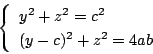 \begin{displaymath}
\left\{
\begin{array}{l}
y^2+z^2=c^2\\
(y-c)^2+z^2=4ab
\end{array}\right.
\end{displaymath}