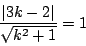 \begin{displaymath}
\dfrac{\vert 3k-2\vert}{\sqrt{k^2+1}}=1
\end{displaymath}