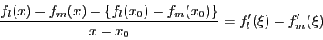 \begin{displaymath}
\dfrac{f_l(x)-f_m(x)-\{f_l(x_0)-f_m(x_0)\}}{x-x_0}=
f_l'(\xi)-f_m'(\xi)
\end{displaymath}