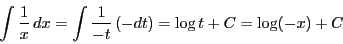 \begin{displaymath}
\int \dfrac{1}{x}\,dx=
\int \dfrac{1}{-t}\,(-dt)=\log t+C=\log(-x)+C
\end{displaymath}