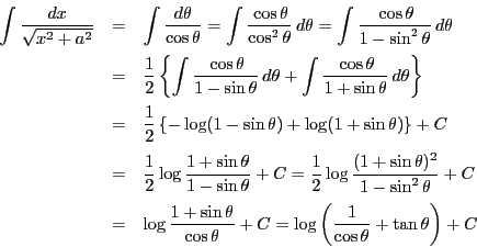 \begin{eqnarray*}
\int\dfrac{dx}{\sqrt{x^2+a^2}}&=&\int\dfrac{d\theta}{\cos\the...
...eta}+C
=\log\left(\dfrac{1}{\cos \theta}+\tan \theta \right)+C
\end{eqnarray*}