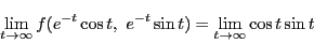 \begin{displaymath}
\lim_{t \to \infty}f(e^{-t}\cos t,\ e^{-t}\sin t)=
\lim_{t \to \infty}\cos t\sin t
\end{displaymath}