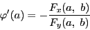\begin{displaymath}
\varphi'(a)=-\dfrac{F_x(a,\ b)}{F_y(a,\ b)}
\end{displaymath}