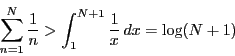 \begin{displaymath}
\sum_{n=1}^N\dfrac{1}{n}>\int_1^{N+1}\dfrac{1}{x}\,dx=\log(N+1)
\end{displaymath}