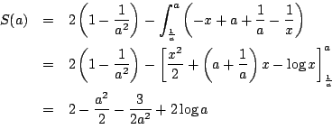 \begin{eqnarray*}S(a)&=&2 \left(1-\dfrac{1}{a^2}\right)
-\int_{\frac{1}{a}}^a ...
...frac{1}{a}}^a\\
&=&2-\dfrac{a^2}{2}-\dfrac{3}{2a^2}+2\log a
\end{eqnarray*}