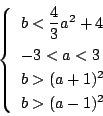 \begin{displaymath}\left\{
\begin{array}{l}
b<\dfrac{4}{3}a^2+4\\
-3<a<3\\
b>(a+1)^2\\
b>(a-1)^2
\end{array}\right.
\end{displaymath}