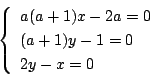 \begin{displaymath}
\left\{
\begin{array}{l}
a(a+1)x-2a=0\\
(a+1)y-1=0\\
2y-x=0
\end{array} \right.
\end{displaymath}