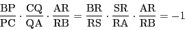 \begin{displaymath}
\dfrac{\mathrm{BP}}{\mathrm{PC}}\cdot
\dfrac{\mathrm{CQ}}{...
...m{SR}}{\mathrm{RA}}\cdot
\dfrac{\mathrm{AR}}{\mathrm{RB}}=-1
\end{displaymath}