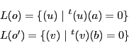 \begin{eqnarray*}
&&L(o)=\{(u)\ \vert\ {}^t(u)(a)=0 \}\\
&&L(o')=\{(v)\ \vert\ {}^t(v)(b)=0 \}
\end{eqnarray*}