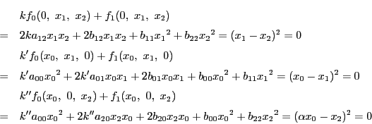 \begin{eqnarray*}
&&kf_0(0,\ x_1,\ x_2)+f_1(0,\ x_1,\ x_2)\\
&=&2ka_{12}x_1x_...
...b_{20}x_2x_0+b_{00}{x_0}^2+b_{22}{x_2}^2
=(\alpha x_0-x_2)^2=0
\end{eqnarray*}