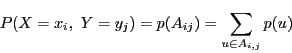 \begin{displaymath}
P(X=x_i,\ Y=y_j)=p(A_{ij})=\sum_{u \in A_{i,j}}p(u)
\end{displaymath}
