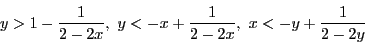 \begin{displaymath}
y>1-\dfrac{1}{2-2x},\ y<-x+\dfrac{1}{2-2x},\ x<-y+\dfrac{1}{2-2y}
\end{displaymath}