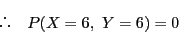 \begin{displaymath}
\quad P(X=6,\ Y=6)=0
\end{displaymath}