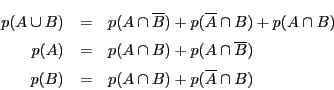 \begin{eqnarray*}
p(A\cup B)&=&p(A\cap \overline{B})+p(\overline{A}\cap B)+p(A\...
...A\cap \overline{B})\\
p(B)&=&p(A\cap B)+p(\overline{A}\cap B)
\end{eqnarray*}