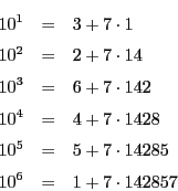 \begin{eqnarray*}
10^1&=&3+7\cdot 1\\
10^2&=&2+7\cdot 14\\
10^3&=&6+7\cdot ...
...\cdot 1428\\
10^5&=&5+7\cdot 14285\\
10^6&=&1+7\cdot 142857
\end{eqnarray*}