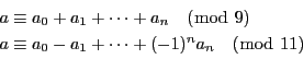 \begin{displaymath}
\begin{array}{l}
a\equiv a_0+a_1+\cdots+a_n\quad (\bmod\...
...uiv a_0-a_1+\cdots+(-1)^{n}a_n\quad (\bmod\ 11)
\end{array}
\end{displaymath}