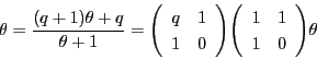 \begin{displaymath}
\theta=\dfrac{(q+1) \theta +q}{\theta +1}
=\matrix{q}{1}{1}{0}\matrix{1}{1}{1}{0} \theta
\end{displaymath}