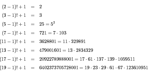 \begin{eqnarray*}
(2-1)!+1&=&2\\
(3-1)!+1&=&3\\
(5-1)!+1&=&25=5^2\\
(...
...=&6402373705728001=19\cdot23\cdot29\cdot61\cdot67\cdot123610951
\end{eqnarray*}