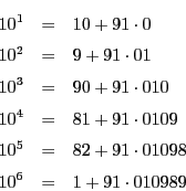 \begin{eqnarray*}
10^1&=&10+91\cdot 0\\
10^2&=&9+91\cdot 01\\
10^3&=&90+91\...
...ot 0109\\
10^5&=&82+91\cdot 01098\\
10^6&=&1+91\cdot 010989
\end{eqnarray*}