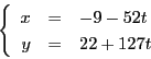 \begin{displaymath}
\left\{
\begin{array}{rcl}
x&=&-9-52t \\
y&=&22+127t
\end{array}
\right.
\end{displaymath}