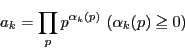 \begin{displaymath}
a_k=\prod_pp^{\alpha_k(p)} \ (\alpha_k(p) \ge 0)
\end{displaymath}