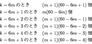 \begin{displaymath}
\begin{array}{ll}
k=6m̂Ƃ&(m+1)(60-6m+1)\\
k...
...)\\
k=6m+5̂Ƃ&(m+1)(60-6m-4)\\
\end{array}
\end{displaymath}