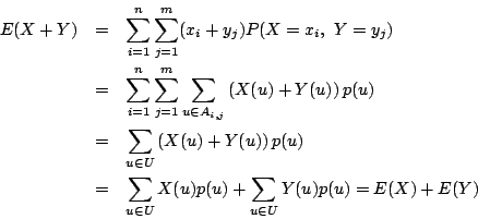 \begin{eqnarray*}
E(X+Y)&=&\sum_{i=1}^n \sum_{j=1}^m (x_i+y_j)P(X=x_i,\ Y=y_j)\\...
...u)\\
&=&\sum_{u \in U}X(u)p(u)+\sum_{u \in U}Y(u)p(u)=E(X)+E(Y)
\end{eqnarray*}