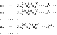 \begin{eqnarray*}
\alpha_1&=&0.a_1^{(1)}a_2^{(1)}a_3^{(1)}\cdots a_n^{(1)}\cdots...
...{(n)}a_3^{(n)}\cdots a_n^{(n)}\cdots \\
\cdots&\cdots & \cdots
\end{eqnarray*}