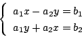 \begin{displaymath}
\left\{
\begin{array}{l}
a_1x-a_2y=b_1\\
a_1y+a_2x=b_2\\
\end{array} \right.
\end{displaymath}