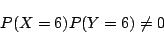\begin{displaymath}
P(X=6)P(Y=6)\ne 0
\end{displaymath}