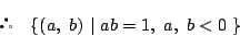 \begin{displaymath}
 \quad \{(a,\ b)\ \vert\ ab=1,\ a,\ b <0\ \}
\end{displaymath}