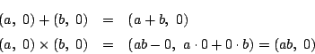 \begin{eqnarray*}
(a,\ 0)+(b,\ 0)&=&(a+b,\ 0)\\
(a,\ 0)\times(b,\ 0)&=&(ab-0,\ a\cdot 0+0\cdot b)
=(ab,\ 0)
\end{eqnarray*}