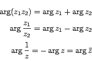 \begin{eqnarray*}
\arg(z_1z_2)=\arg z_1+\arg z_2\\
\arg\dfrac{z_1}{z_2}=\arg z_1-\arg z_2\\
\arg\dfrac{1}{z}=-\arg z=\arg\bar{z}
\end{eqnarray*}