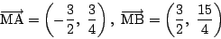 \begin{displaymath}
\overrightarrow{\mathrm{MA}}=\left(-\dfrac{3}{2},\ \dfrac{3}...
...htarrow{\mathrm{MB}}=\left(\dfrac{3}{2},\ \dfrac{15}{4}\right)
\end{displaymath}