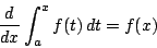 \begin{displaymath}
\dfrac{d}{dx}\int _a^xf(t)\,dt=f(x)
\end{displaymath}