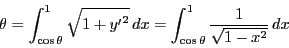 \begin{displaymath}
\theta=\int_{\cos\theta}^1\sqrt{1+{y'}^2}\,dx=
\int_{\cos\theta}^1\dfrac{1}{\sqrt{1-x^2}}\,dx
\end{displaymath}