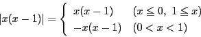 \begin{displaymath}
\left\vert x(x-1) \right\vert=
\left\{
\begin{array}{ll}...
...(x\le 0,\ 1\le x)\\
-x(x-1)&(0<x<1)
\end{array}
\right.
\end{displaymath}