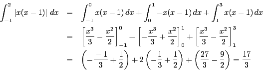 \begin{eqnarray*}
\int_{-1}^2\left\vert x(x-1) \right\vert\,dx&=&
\int_{-1}^0x...
...ght)
+\left(\dfrac{27}{3}-\dfrac{9}{2} \right)
=\dfrac{17}{3}
\end{eqnarray*}
