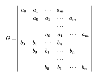 \begin{displaymath}
G=
\begin{array}{\vert ccccccc\vert}
a_0&a_1&\cdots&a_m...
...&&&\cdots&&&\\
&&&b_0\ &b_1\,&\cdots&b_n\,\,
\end{array}
\end{displaymath}